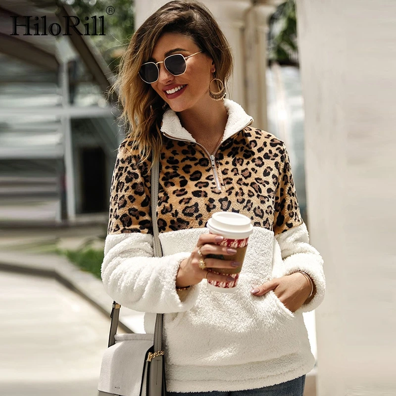 

Leopard Hoodies Women Patchwork Sweatshirts Autumn Long Sleeve Warm Fleece Pullover Casual Zipper Pocket Winter Teddy Hoodie