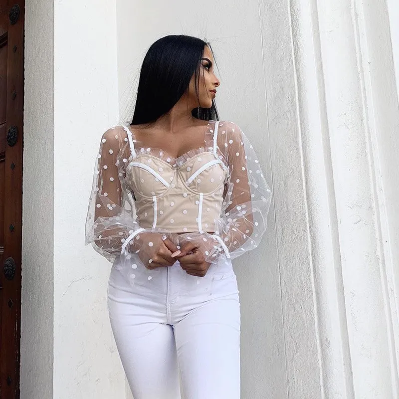 

2019 Summer Women Transparent Bodycon T Shirt Lantern Sleeve Polka Dot Ruffles T-Shirt Party Patchwork Sexy Tee