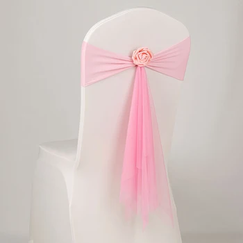 

Wedding Party Decoration 50pcs/lot Pink/White Muslin Chair Sash With Flower Conference Event Birthday Decor Stretch Chair Band