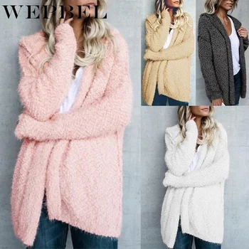 

WEPBEL Women's Fashion Winter Cardigan Hooded Coats Long Sleeve Sweaters Jackets Loose Faux Fur Coat Hooded Jacket Outwear
