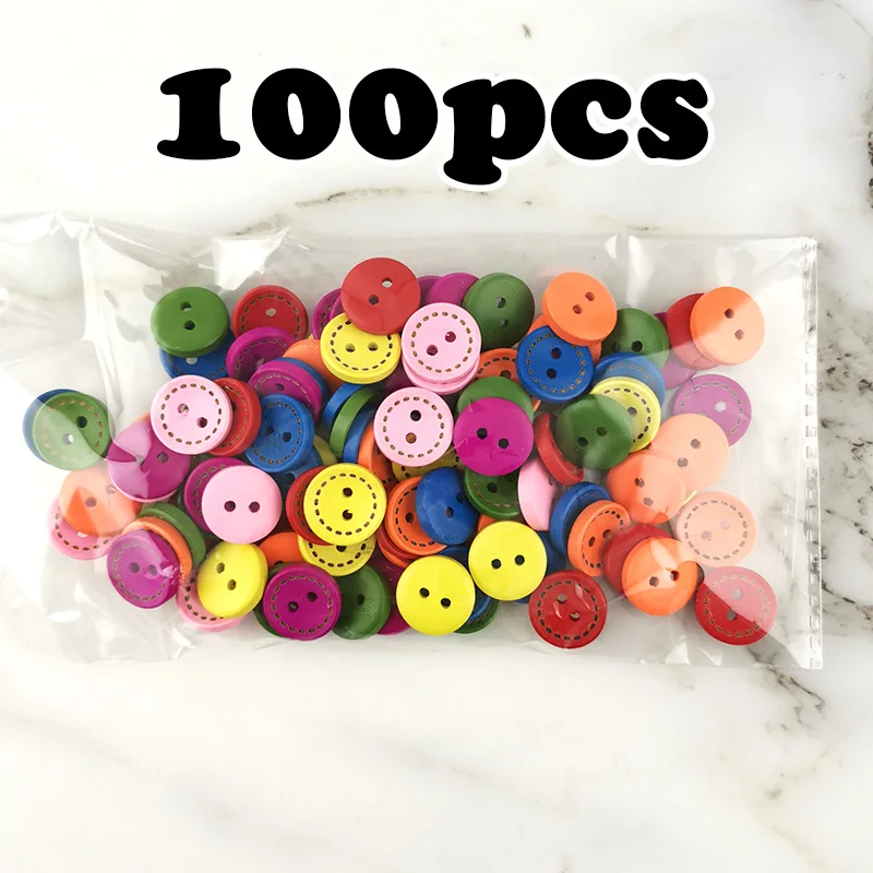 (100 Pcs/Pack) 2 Holes Mixed Colors Wood Buttons Maker For Craft Round Sewing Scrapbook Handwork DIY Dress Home Decoration