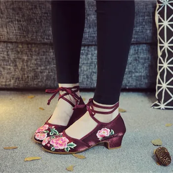 

Vintage Embroidery Woman High Heels Shoes Penoy Embroidered Lace Up Women Pumps Ballet Latin Dance Shoes Chaussure Femme Talon
