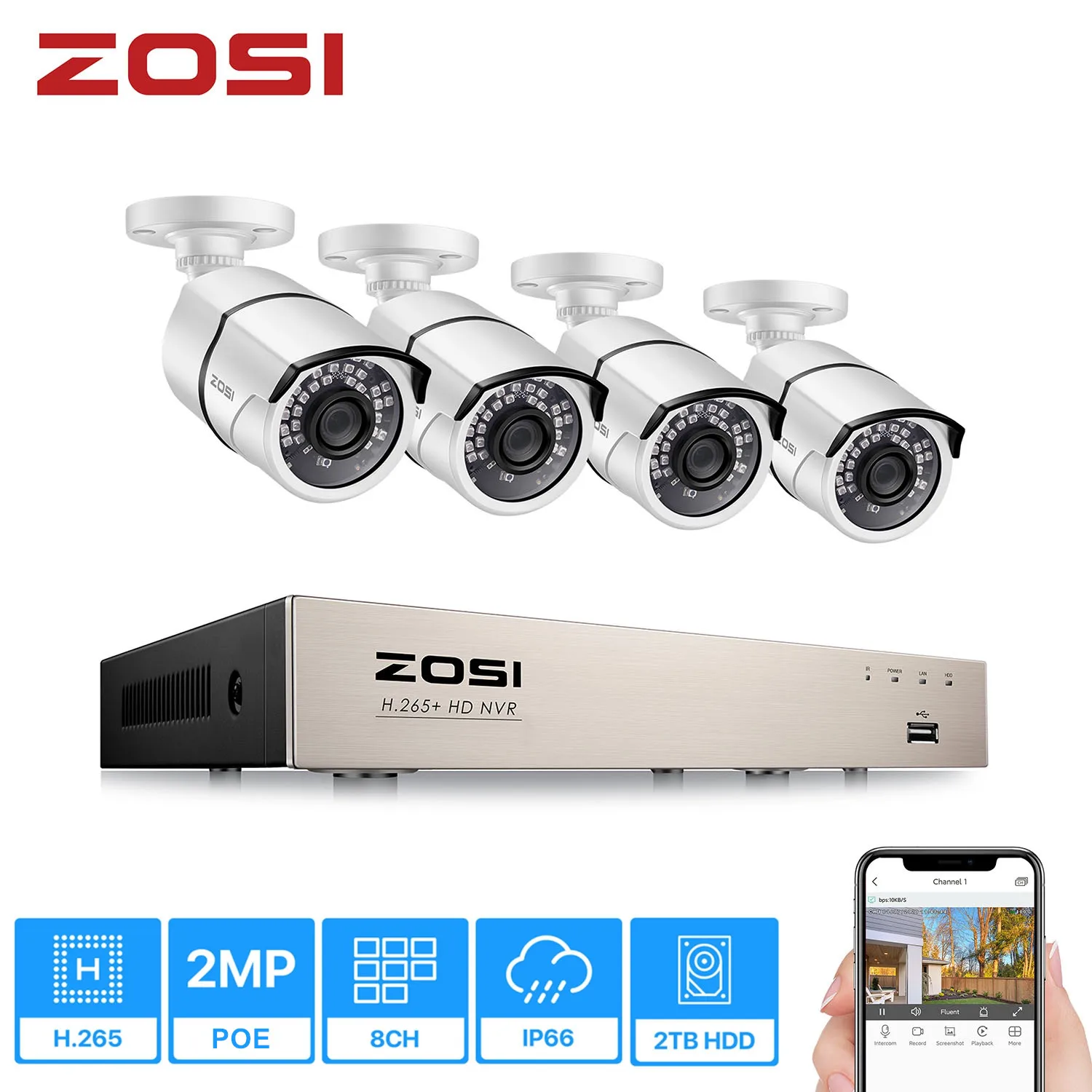 ZOSI PoE Home Security Camera SystemH.265+ 8Channel 5MP CCTV NVR Recorder  (4) 2MP 1080P Outdoor Surveillance PoE IP Cameras