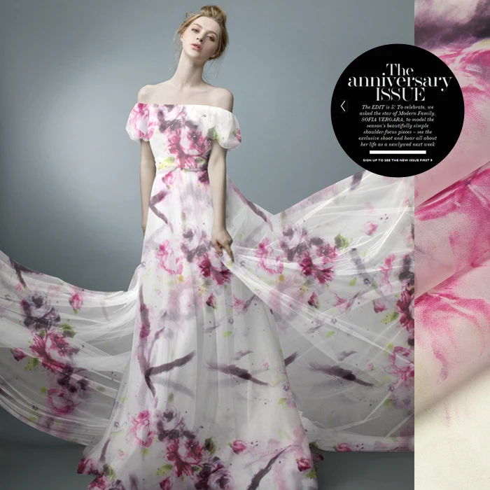 Большой размер, принтованный Шелковый атласная ткань 135 см ширина 14momme шелк vestido de festa ткань прозрачной/тонкий/жесткий печать шелковой ткани