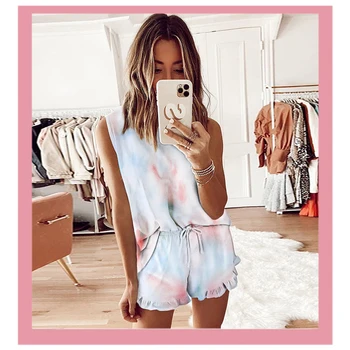 

2020 Summer Sleeveless Print Pajamas For Women Sleepwear Sets Tank Top And Shorts Two Piece Sets Home Casual Pajamas Mujer Cloth