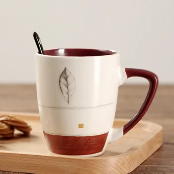 

American Fashion Ceramic Coffee Mug With Spoon Daily Drinking Water Cup Brown Office Cup Breakfast Milk Mug Set Coffee Tea Cup for Water Tea Drinking Gift