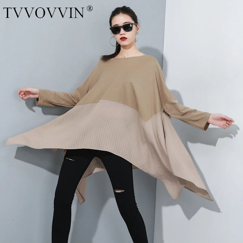 TVVOVVIN Europe Fashion Women T Shirts Autumn New Round Neck Wild Long-sleeved T-shirt Loose Pluz Size Irregular Tops F242