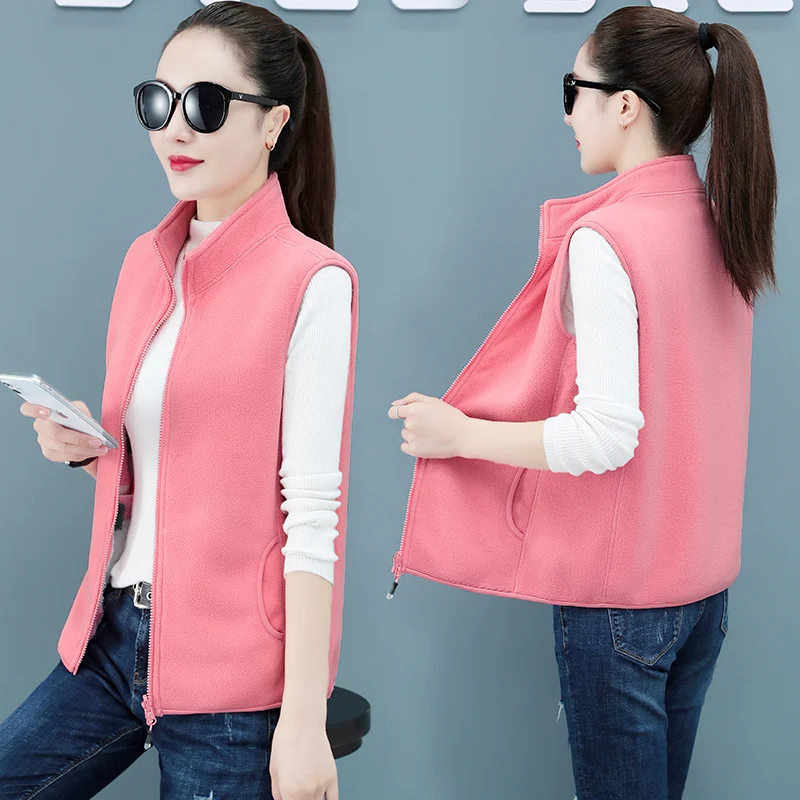 New Women'S Autumn Winter  Thickened Fleece Vest Lady Single Wear, Sleeveless Plush Zipper Stand Collar Cardigan Coat
