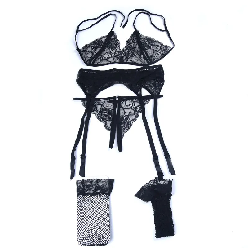 New 4 Pcs Set Women Sexy Underwear Lingerie Hot Erotic Open Bra Crotch Lace Costumes With Bow Garter Belt Fishnet_voghion.com