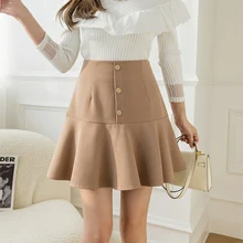 

Mini Skirts Women Solid Basic Button Folds Slim Jupe Femme A Line Zipper High Waist Buttocks Casual Summer Faldas Cortas Mujer
