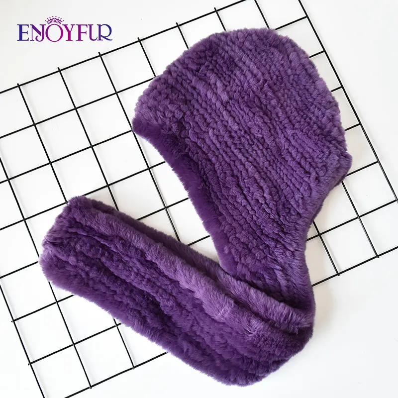 016 ENJOYFUR Warm rabbit fur hat scarf for women fashion female Russian style fur cap scarf knitted warm fur beanies - Color: 016