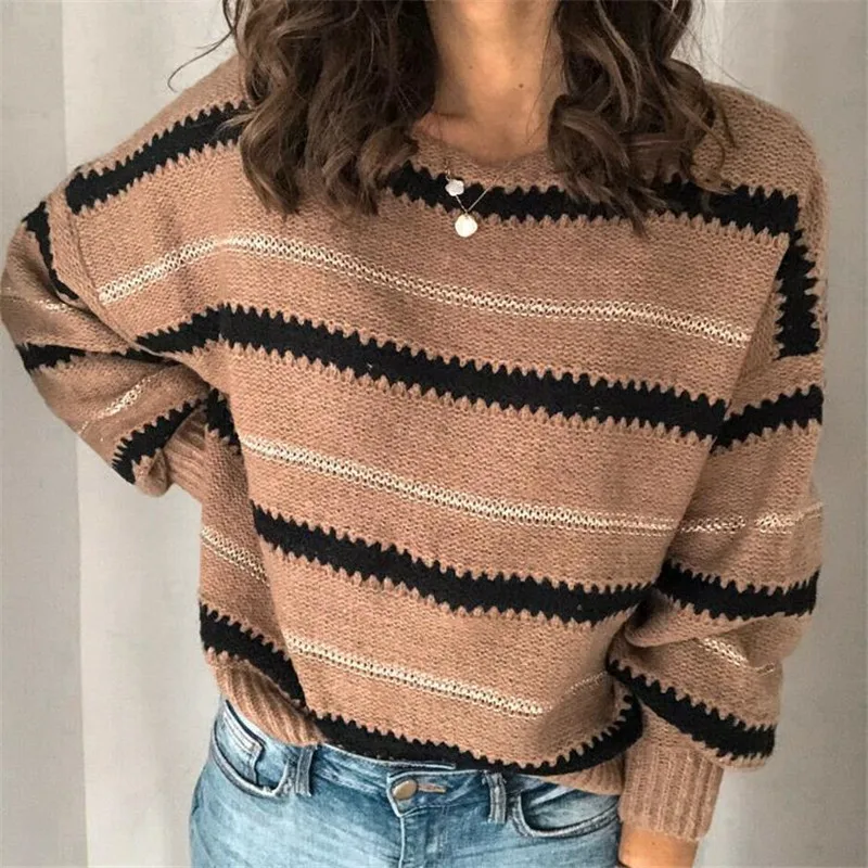 

Winter 2020 New Casual Women's Sweaters Warm Autumn Striped Pullover Sweaters Sweaters Ladies Pullovers