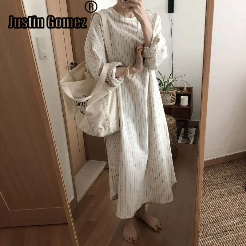 

Loose Cotton And Linen Striped Vertical Round Neck Dress With Rope Summer Casual Cheap Robe Femme Korean Midi A-Line Women Dress