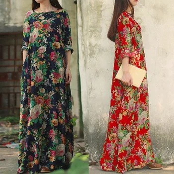 

2020 ethnic style spring and summer new cotton and linen printed fabric long-sleeved pullover dress large size female