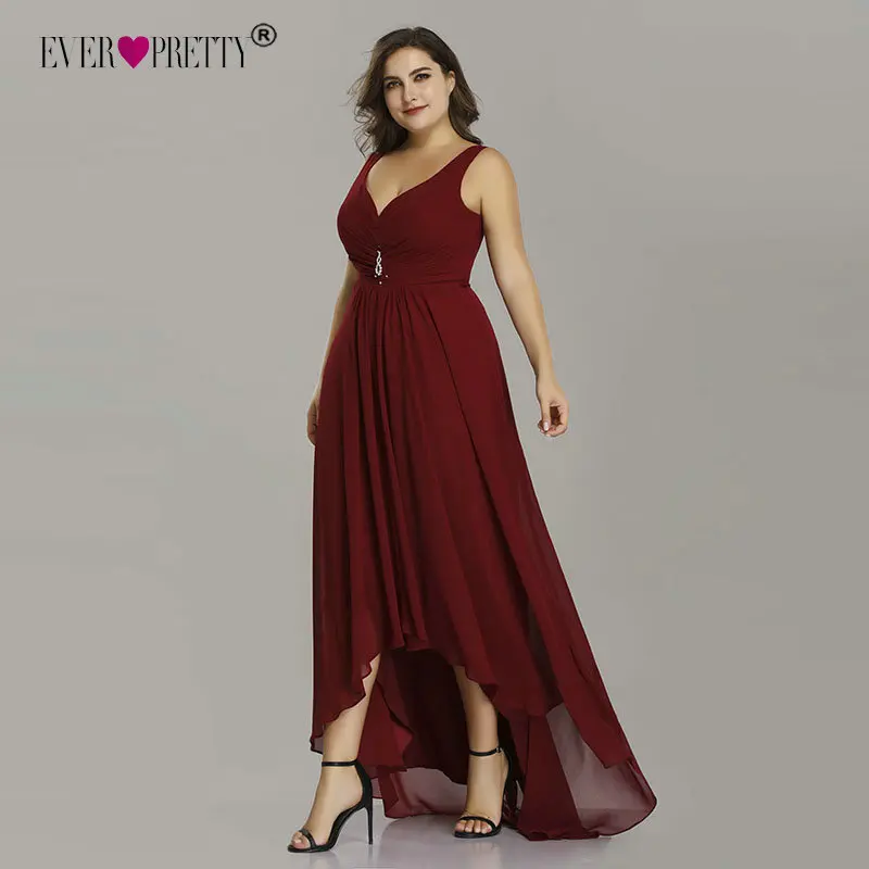 Plus Size Prom Dresses Long 2020 Elegant Burgundy A-line Sleeveless Crystal High Low Ever Pretty Special Occasion Party Gowns