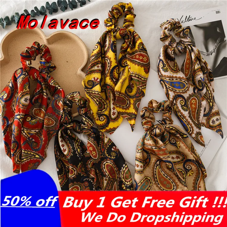 

DIY Solid/Floral Print Bow Satin Long Ribbon Ponytail Scarf Hair Tie Scrunchies Women Girls Elastic Hair Bands Hair Accessories