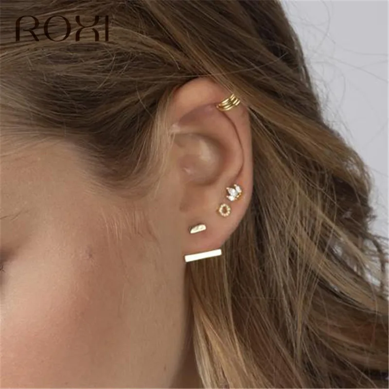 ROXI, минималистичные 925 пробы, серебряные серьги-гвоздики, маленькие, милые, конский глаз, кубический циркон, Золотые серьги для женщин, ювелирное изделие, крошечные серьги-гвоздики
