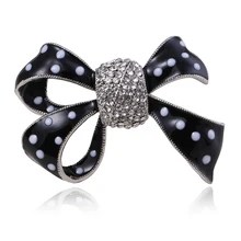 Broche de lazo de esmalte Vintage para mujer negro con puntos blancos broche de cristal Bowknot Pin joyería de moda accesorios de abrigo estilo lindo