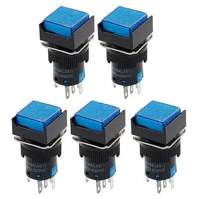 

5 x DC 24V Blue Light 5P Momentary Panel Mount Squared Push Button Switches