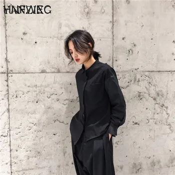 

2019 Spring And Summer New Long-sleeved Lapel Splicing Single-breasted Black Fashion Casual All-match Blouse R629