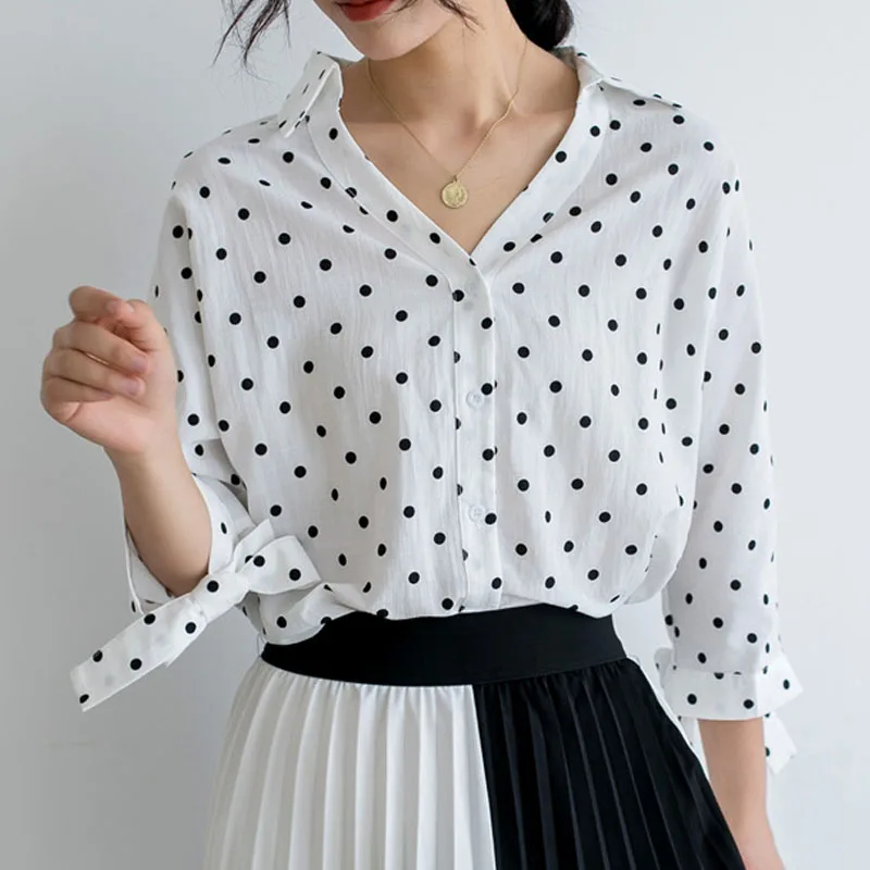Blusas Mujer, новинка, кардиган в горошек с длинным рукавом, шифоновая, белая, синяя, женская рубашка, повседневная, свободная, с v-образным вырезом, женская блузка 5261 50