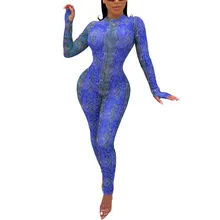 Snake print skinny jumpsuits lady stand collar full length catsuits beach style sports jumpsuits MZL1209