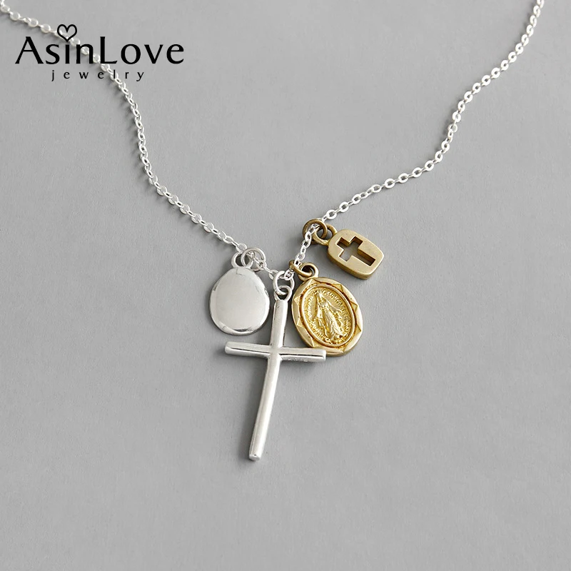 AsinLove Real 925 Sterling Silver Necklace INS Retro Cross Portrait Coin Tag Pendant Personality Jewelry for Women Gift | Украшения и
