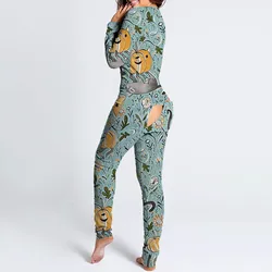 JAYCOSIN Women Pajamas Onesies Button-down Functional Buttoned Flap Adults Pyjama Sexy V-neck Long Sleeve Jumpsuit Female
