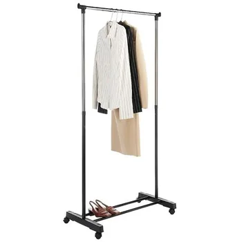 

Single-bar Vertical & Horizontal Stretching Stand Clothes Rack with Shoe Shelf Black & Silver