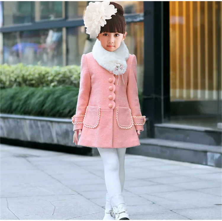 Kids Children girls woolen jacket pink thick big fur collar woolen coat princesses kids autumn winter wedding party clothes