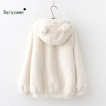 

New Harajuku Japanese Kawaii Hoodies Women Thick Warm Sweatshirts with Ears Cute Pullover Outerwear Winter Plush Faux Fur Hoodie