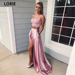 Elegant Sexy Two Pieces Set A-Line Evening Dresses Scoop-Neck Front Split Prom Dresses Lace Applique Court Train Girl Party Gown