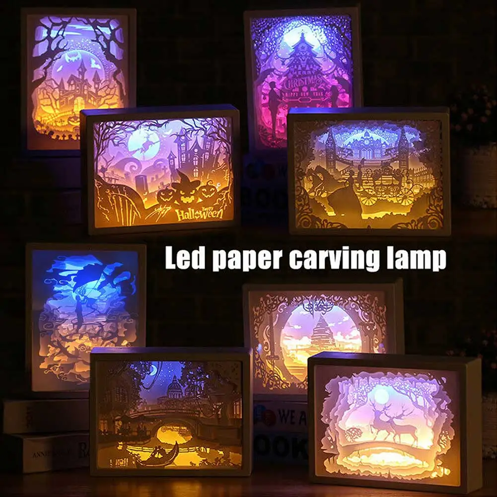 

LED Light Shadow Paper Carved Lights Diy Creative Remote Control Small Night Lighting 3D Paper Carving Lamp