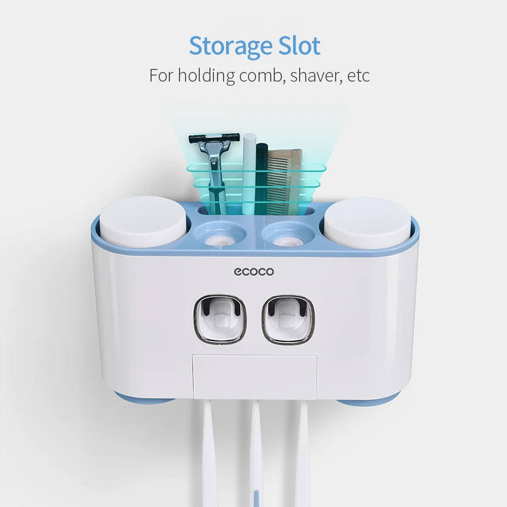 

Ecoco Toothbrush Holder Wall-Mounted Bathroom Accessories Set with 2 Toothpaste Dispensers 4 Cups and 5 Toothbrush Slots
