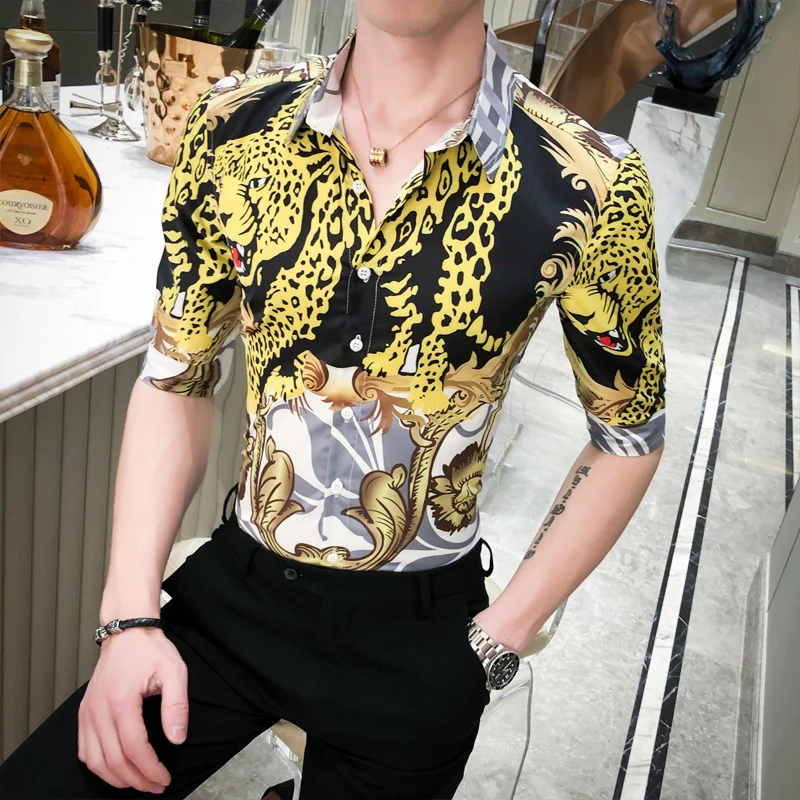 Camisa Homme 2020 Летняя мужская рубашка с золотистым леопардовым принтом рубашки