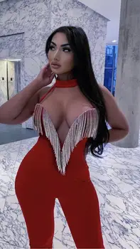 

New Fashion Women Rayon Bandage Jumpsuit Romper Overalls Sexy deep V tassels tight Playsuit Leg Rompers Female