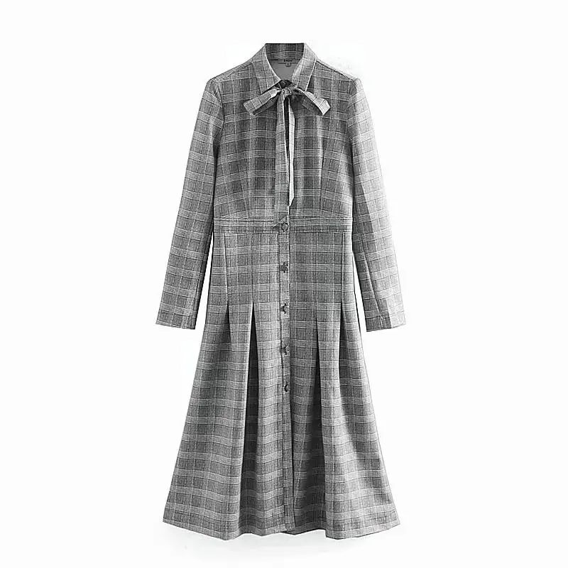 autumn and winter women's new plaid bow tie long-sleeved dress office dress dress fashion retro dress