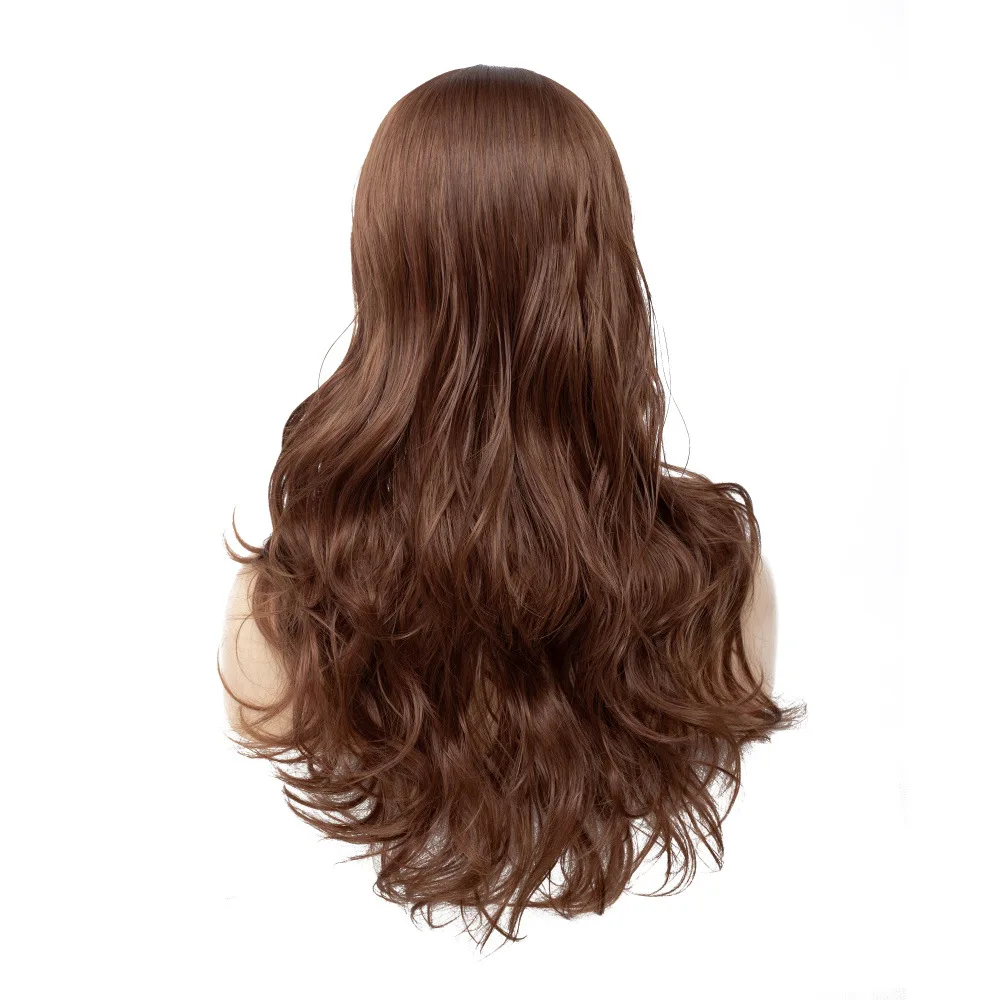 LIHUI African American Long Mix Brown Womens Wigs with Bangs Water Wave Heat Resistant Synthetic Wigs for Women