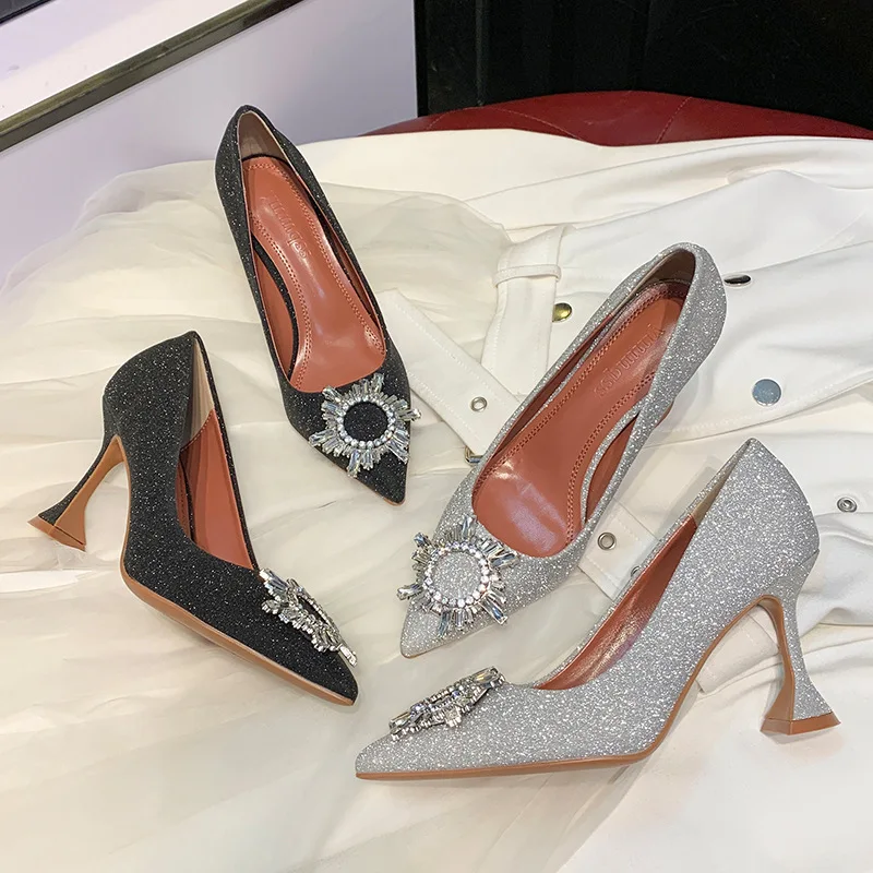 

Spring 2020 pointed wine glass with high heels sun buckle rhinestone sexy women's shoes black dinner heel shoes