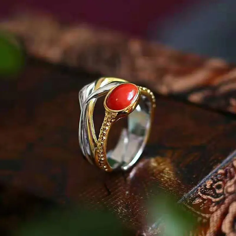 

RADHORSE 925 Silver Rings for Women Fine Jewelry Precious coral original design Sterling Silver Color separation Adjustable Ring