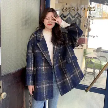 

2020 Autumn & Winter New Arrival Thickened Loose Vintage Long Suit Collar Plaid Long Sleeve Woolen Coat Suit Free Shipping