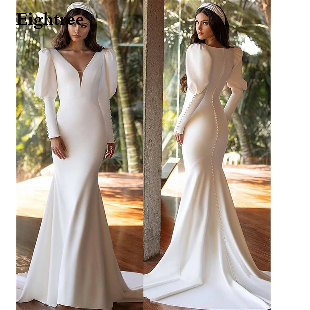 Eightree vestido novia de sirena con en V, ropa de de satén con manga larga abombada, elegante, color blanco, para fiesta de boda|Vestidos de novia| - AliExpress