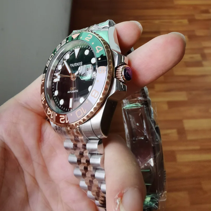 Parnis 40mm Otomatik Mekanik erkek Saatleri GMT Safir Kristal Gül