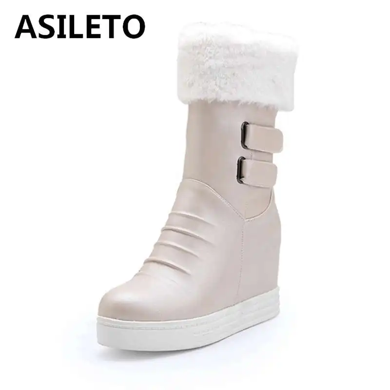 

ASILETO woman platform winter boots fur ankle booties warm plush waterproof booties height increasing round toe botas mujer bota