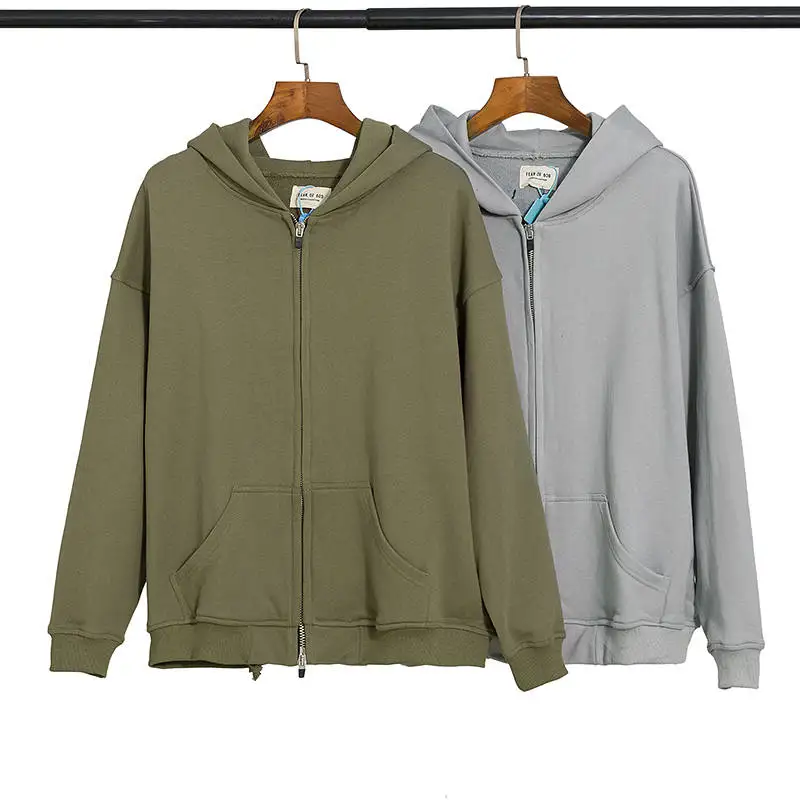 

Essentials Zipper Hoodie Men Women Green Grey Terry Jack Coat High Quality with Original Bag