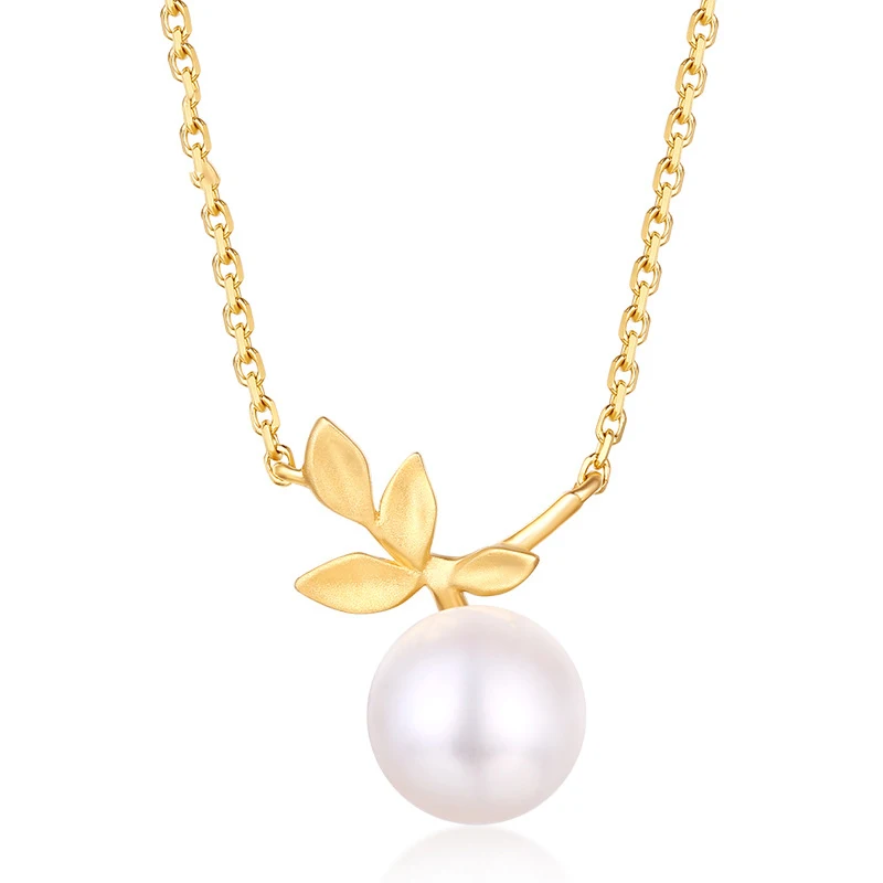 Delicate Pearl Leaf 14K Real Solid Gold Pendant Charm Necklace for Women Female Upscale Elegant Genuine Gemstone Office Jewelry