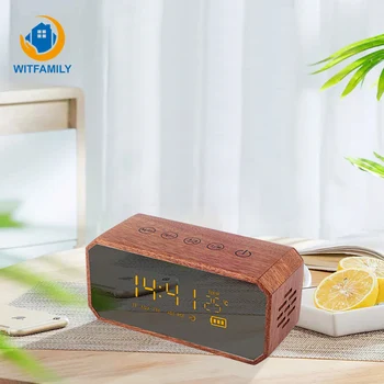 

Alarm Clock Retro Digital Wood Snooze Mirror Fm Radio Phone Charging Temperature Bluetooth Speaker Living Room Support TF Card