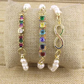 

10pcs/lot Fashion colorful cz/pearl adjustable bracelet,cubic zircon charm component,freshwater pearl beads chain bracelet