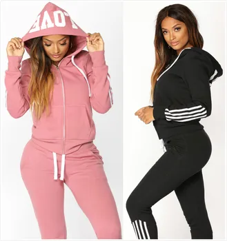 

Women Tracksuit Two Piece Outfits 2020 Spring New Long Sleeve Casual Hooded Zip Jacket High Elastic Waist Long Pencil Pants Pink