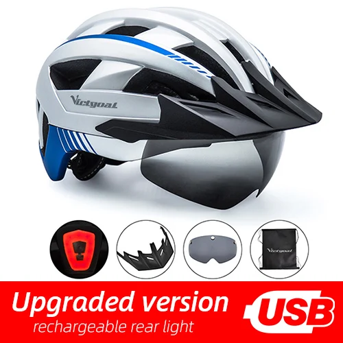 Victgoal MTB светодиодный велосипедный шлем USB Перезаряжаемый задний фонарь велосипедный шлем горная дорога солнцезащитный козырек поляризованные очки велосипедные шлемы - Цвет: Silver USB LED